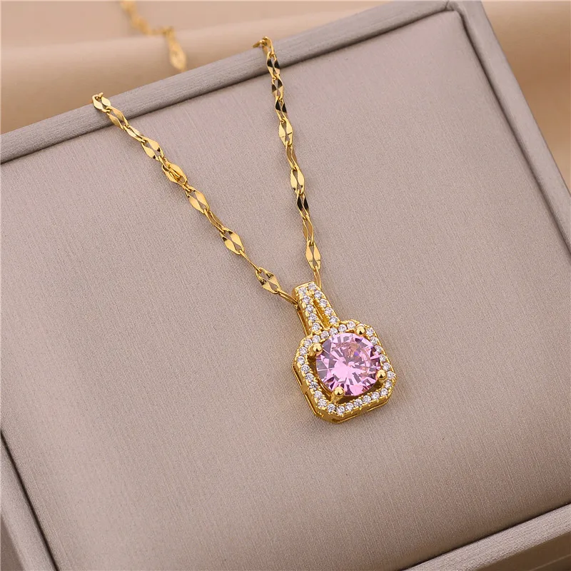 Korean Style Fashion Square Zircon Stainless Steel Necklaces For Women Luxury Elegant Female Clavicle Chain Jewelry Wholesale – Image 5