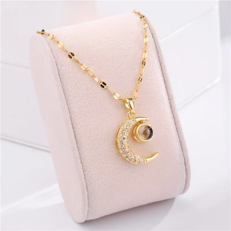 Korean Fashion Cute Crystal Moon Pendant Necklace For Women Romantic Female Stainless Steel Clavicle Chain Jewelry – Image 3