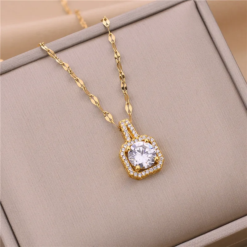 Korean Style Fashion Square Zircon Stainless Steel Necklaces For Women Luxury Elegant Female Clavicle Chain Jewelry Wholesale – Image 4