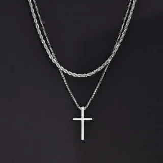 2Pcs Stainless Steel Cross Pendant Necklace For Men Titanium Steel Twisted Rope Box Chain Choker Women Punk Fashion Jewelry