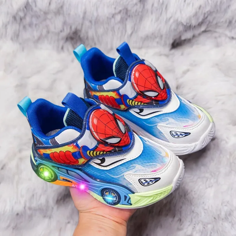 Disney Children's Shoes Fashion Cartoon LED Lights Spiderman Sneakers for Boys Breathable Sport Anti-slip Student Shoes Size 26