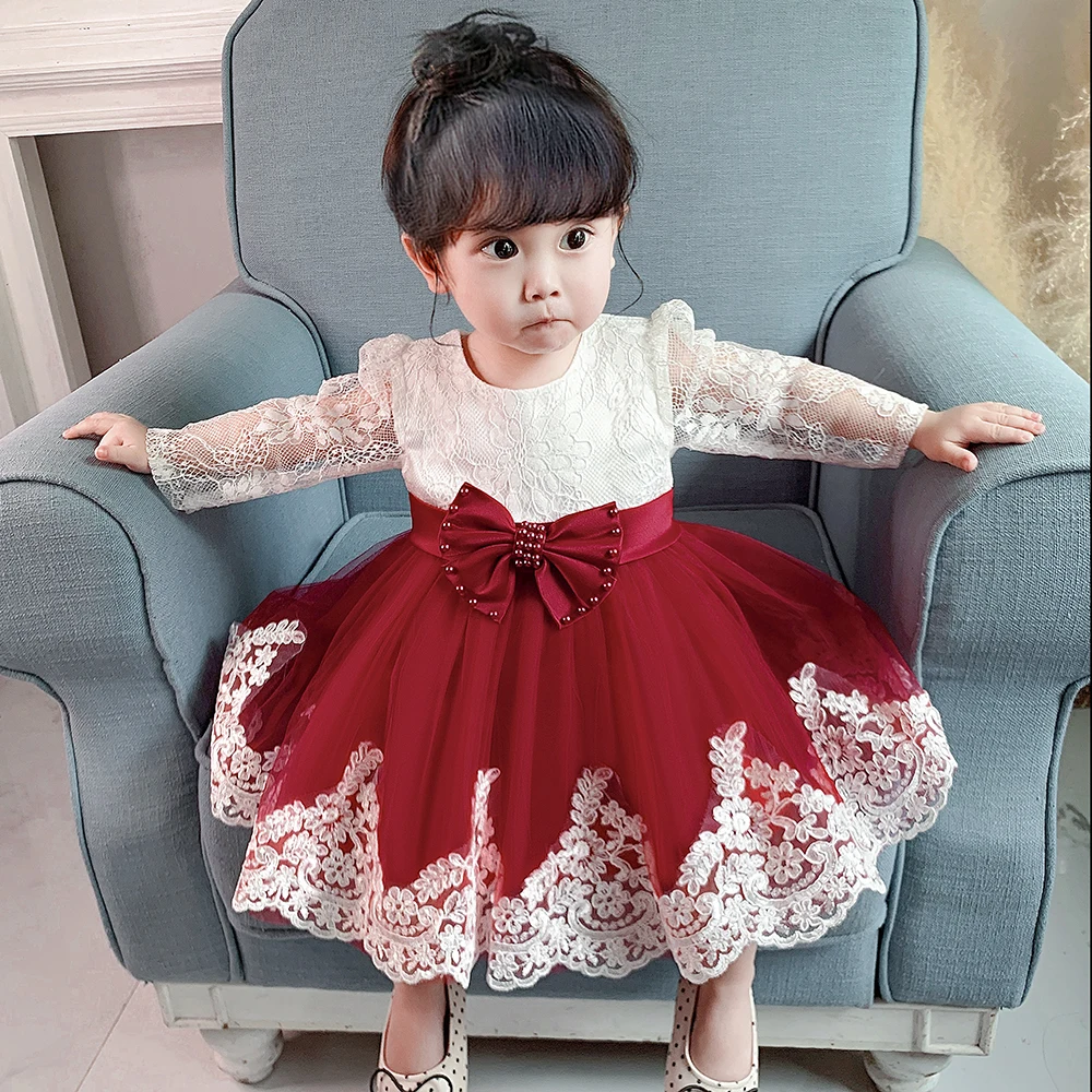 Long Sleeve Baby Girls Dress Newborn White Baptism Tulle Party Wedding 1st Birthday Princess Dresses Infant Girls Bow Prom Gown – Image 16
