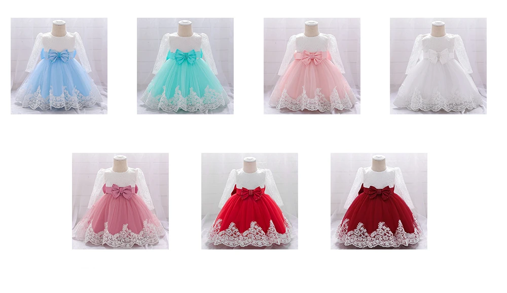Long Sleeve Baby Girls Dress Newborn White Baptism Tulle Party Wedding 1st Birthday Princess Dresses Infant Girls Bow Prom Gown – Image 14