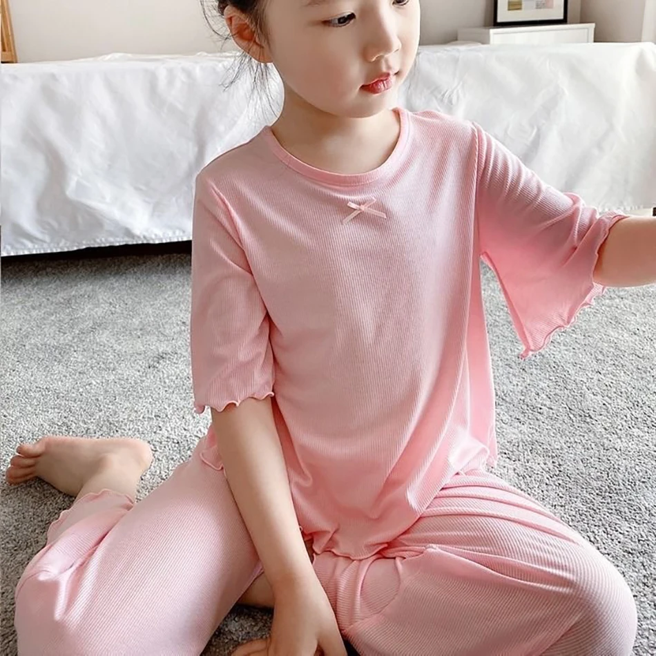 Adorable Children Summer Homewear Sleepwear Sets Breathable Cotton Blend Girls Hot Days Short Sleeve Loungewear with Long Pants – Image 15