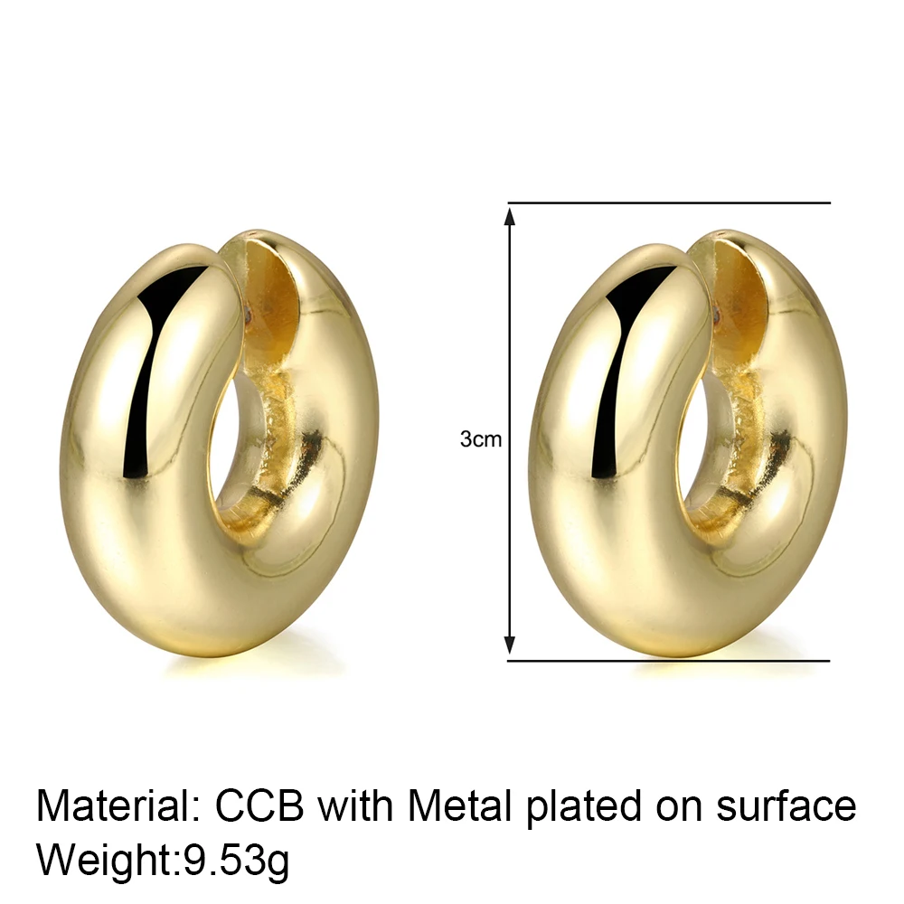 Hyperbole Large Chunky Non Piercing Gold Plated CCB Circle Ear Cuffs Earrings for Women Thick Bold Round Light Ear Clip Jewelry – Image 4