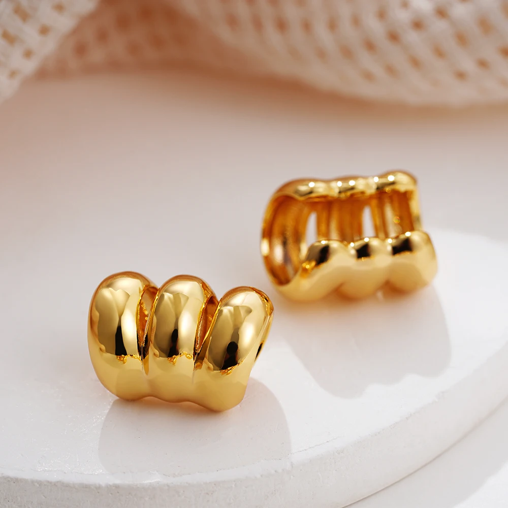 18K Gold Color Stainless Steel Three-layer clip earring for women Hollow Chunky Lined Ribbed Fake Cartilage Ear Cuff – Image 5