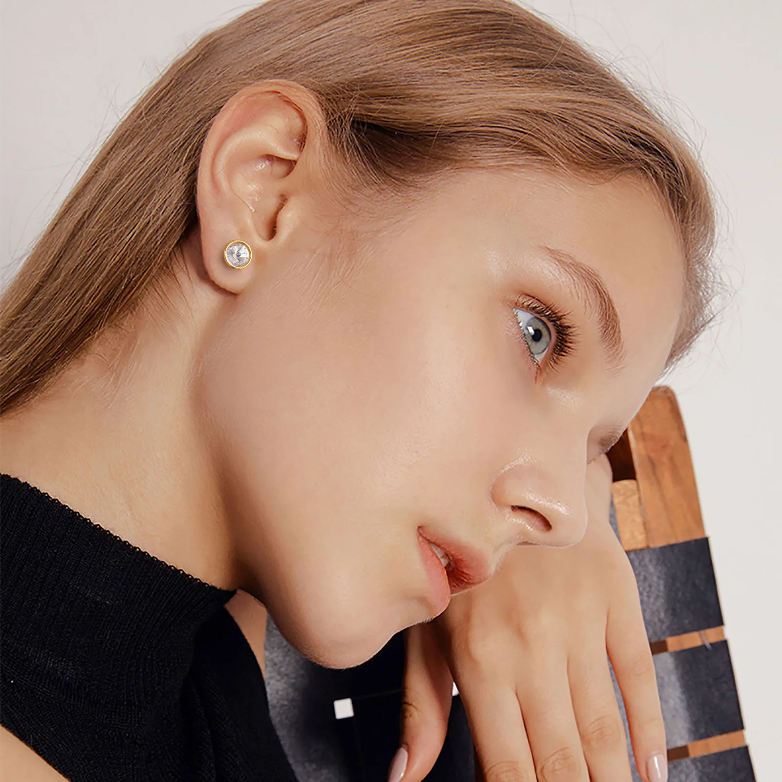 Sparking Round Cubic Zirconia Earring, Danity Women Stud Earrings Gold Plated Stainless Steel Jewelry – Image 3