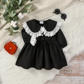 Baby Girls Long Sleeve Spring/ Autumn  Doll collar With Lace Black Fashion European and American style Dress For 1-3Y