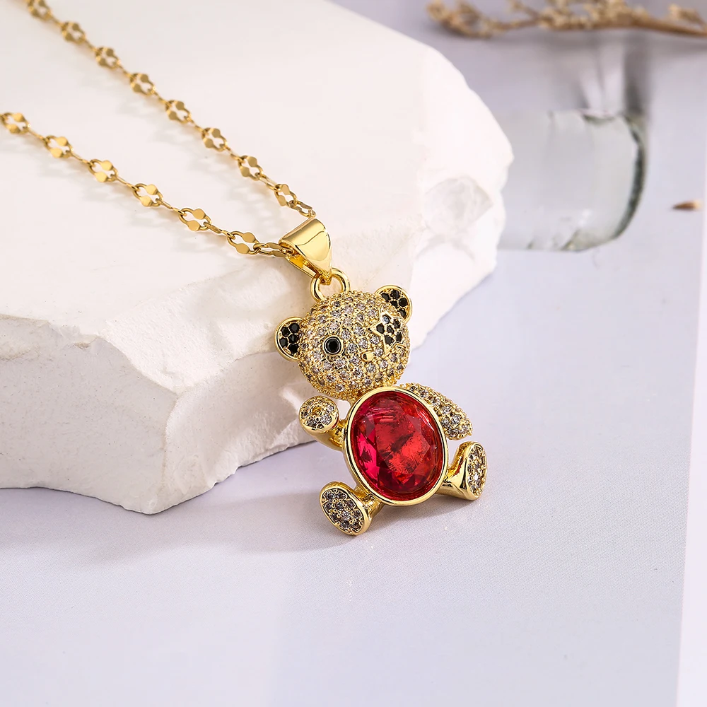 NEWBUY Hot Sale 2 Style Lovely Bear Pendant Necklaces For Women Shiny CZ Zircon Inlay Gold Color Copper Jewelry – Image 5