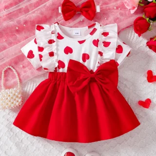 Baby girl spring and summer love pit stripe full print round neck ruffle edge design short sleeved fake two-piece waist and side