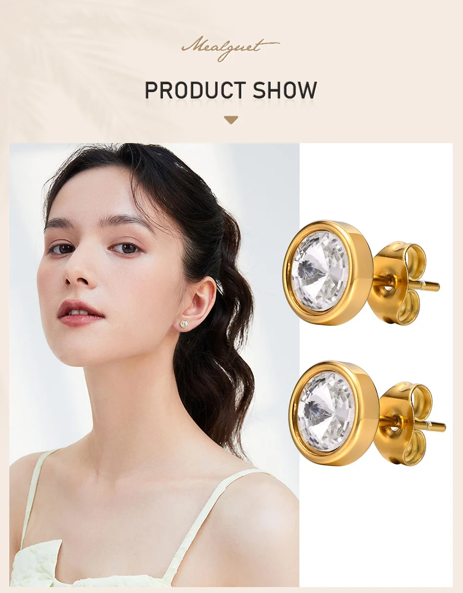Sparking Round Cubic Zirconia Earring, Danity Women Stud Earrings Gold Plated Stainless Steel Jewelry – Image 7
