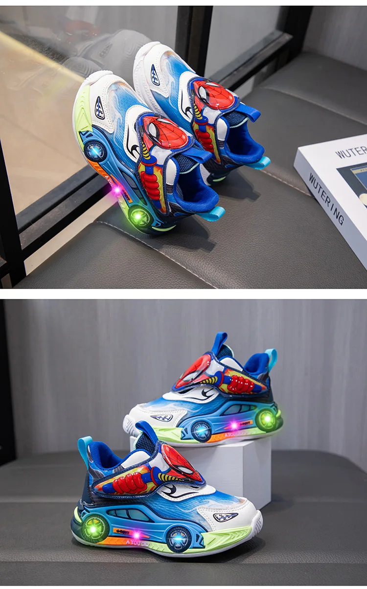 Disney Children's Shoes Fashion Cartoon LED Lights Spiderman Sneakers for Boys Breathable Sport Anti-slip Student Shoes Size 26 – Image 14