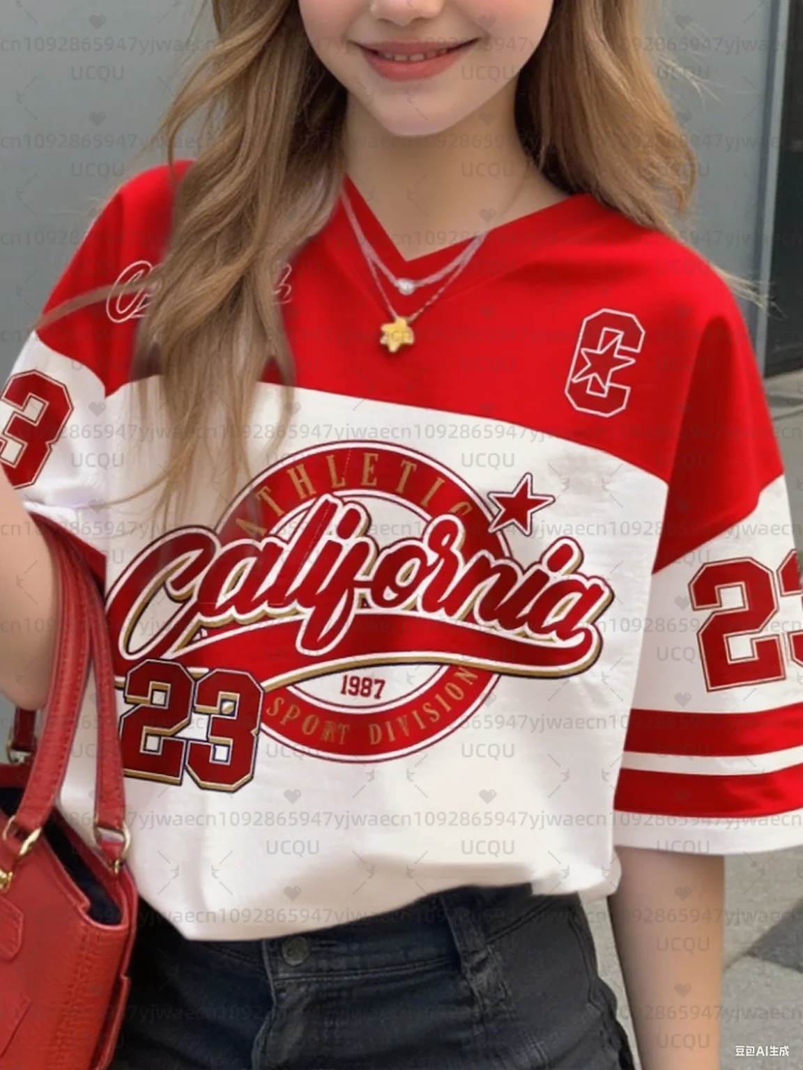 Girls Casual Sports Style California Print Short Sleeve V-Neck Women's Children Men's T-shirt Tops – Image 2