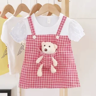 0-4Y Baby Girl Dress With Bear Pocket Elegant Princess Dress Plaid Toddler Outfit Short Sleeve Children Clothing vestidos A1160