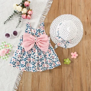 2 Pcs Girls' Summer New Dress Round Neck Cute Back Big Bow Cotton Skirt Comes with Hat for Children's Clothing