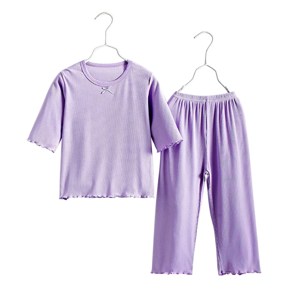 Adorable Children Summer Homewear Sleepwear Sets Breathable Cotton Blend Girls Hot Days Short Sleeve Loungewear with Long Pants – Image 8