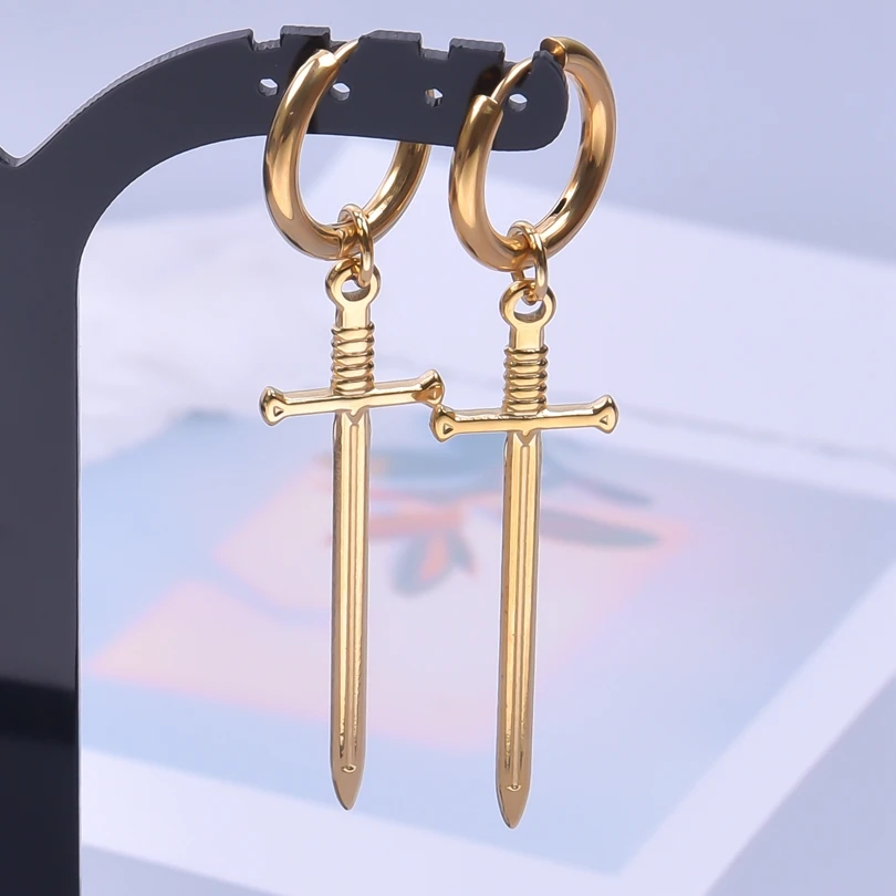 Punk Cross Sword Pendant Earring Stainless Steel Hoops Earrings For Women Men Accessories Non-Tarnish Vintage Jewelry Arete Gift – Image 3