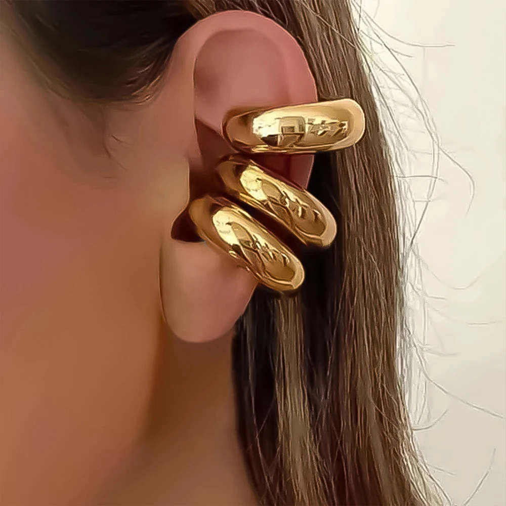 Hyperbole Large Chunky Non Piercing Gold Plated CCB Circle Ear Cuffs Earrings for Women Thick Bold Round Light Ear Clip Jewelry – Image 2