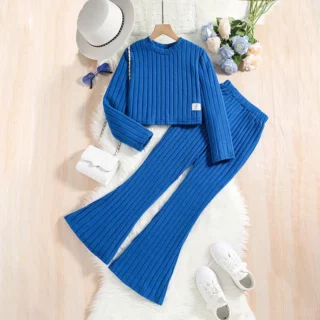 8-12 Years New Autumn Spring Suits Blue Long Sleeve Short Top & Blue Pants For Girls Casual Solid Color Casual Vacation Suits
