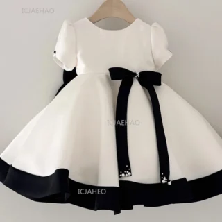 Baby Girl Princess Bow Pearl Silk Dress White Clothing Infant Toddler Vintage Vestido Wedding Party Birthday Baby Clothes 1-14Y