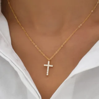 Fashion New Zircon Inlaid Cross Necklace Pendant Jewelry for Women Gold Color Long Clavicle Chain Necklaces