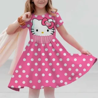 Miniso Cute Hello Kitty 3D Print Girls Short Sleeve Dress Children’s Summer Cool Clothing Soft Skirt Kids Nightgown Camping Gift