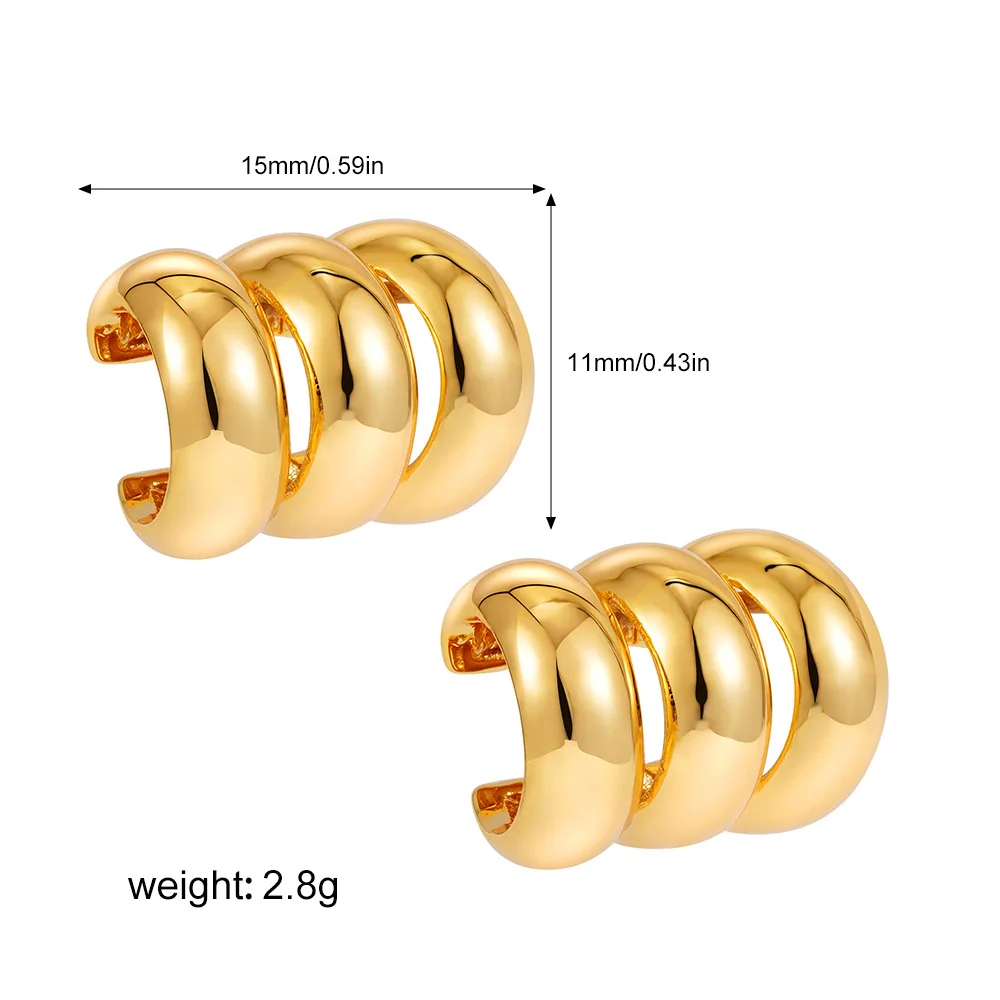 18K Gold Color Stainless Steel Three-layer clip earring for women Hollow Chunky Lined Ribbed Fake Cartilage Ear Cuff – Image 6