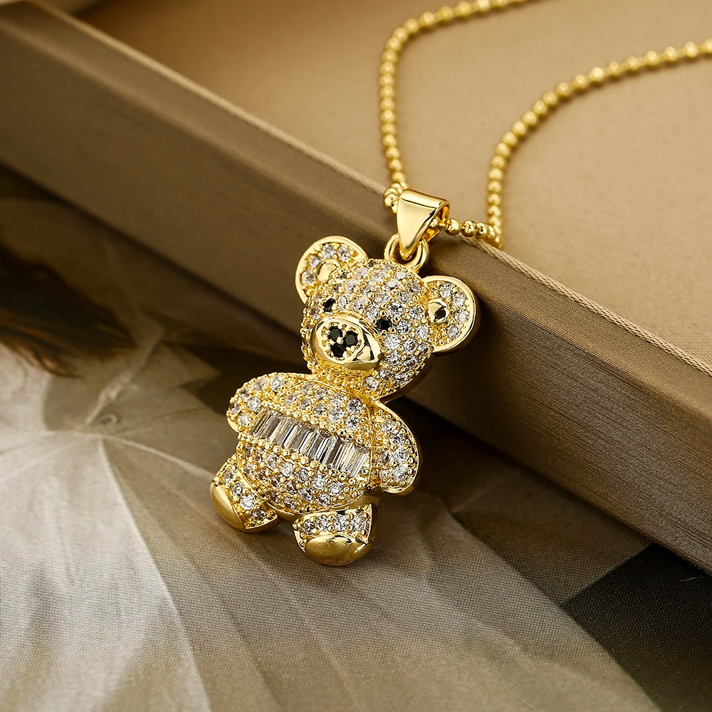 NEWBUY Hot Sale 2 Style Lovely Bear Pendant Necklaces For Women Shiny CZ Zircon Inlay Gold Color Copper Jewelry – Image 4