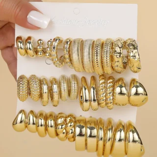 6-18pairs Fashionable Glossy Gold Spray-Coated ABS Earrings,Skin-Friendly,Minimalist Geometric Earrings for Ladies'All-Day Wear