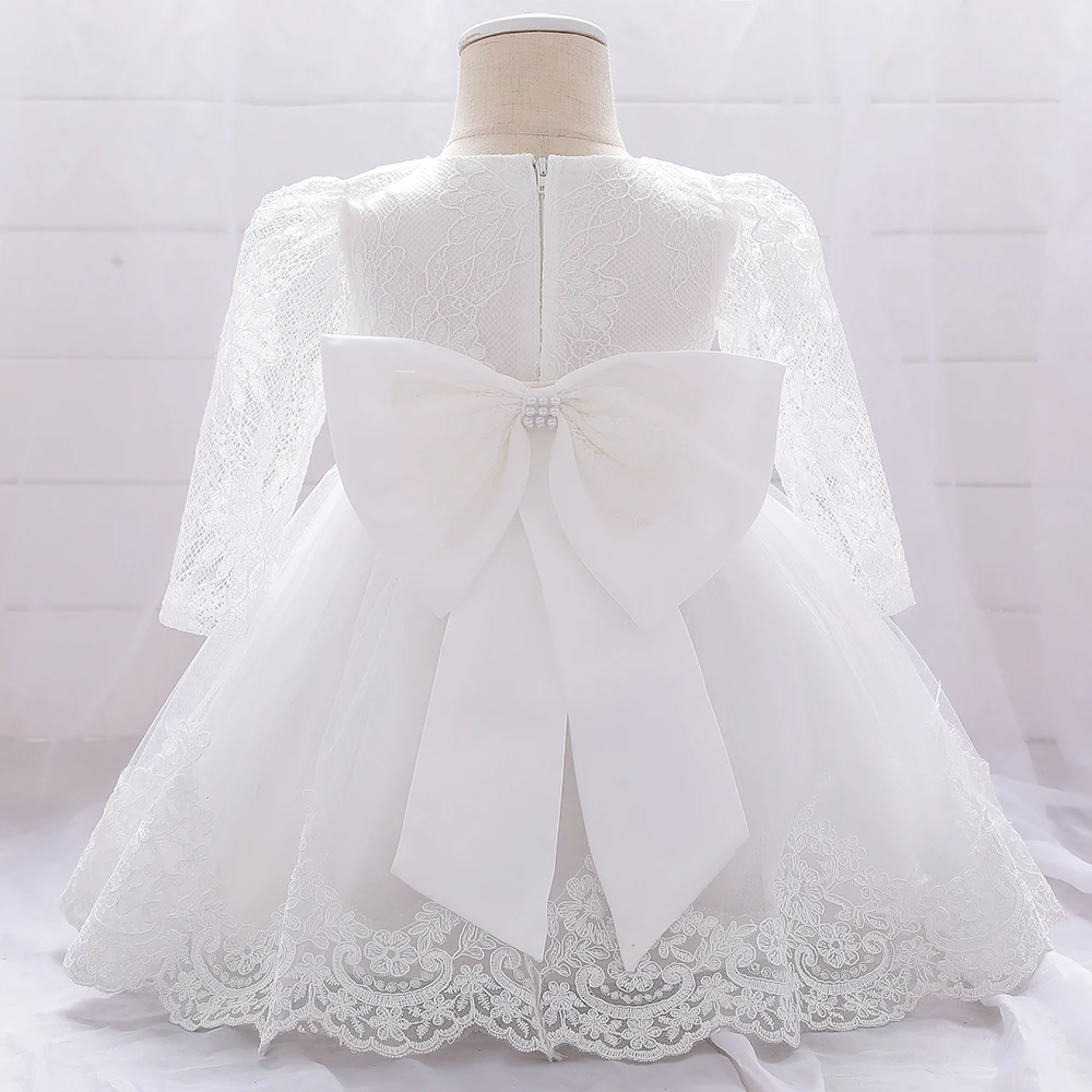 Long Sleeve Baby Girls Dress Newborn White Baptism Tulle Party Wedding 1st Birthday Princess Dresses Infant Girls Bow Prom Gown – Image 8