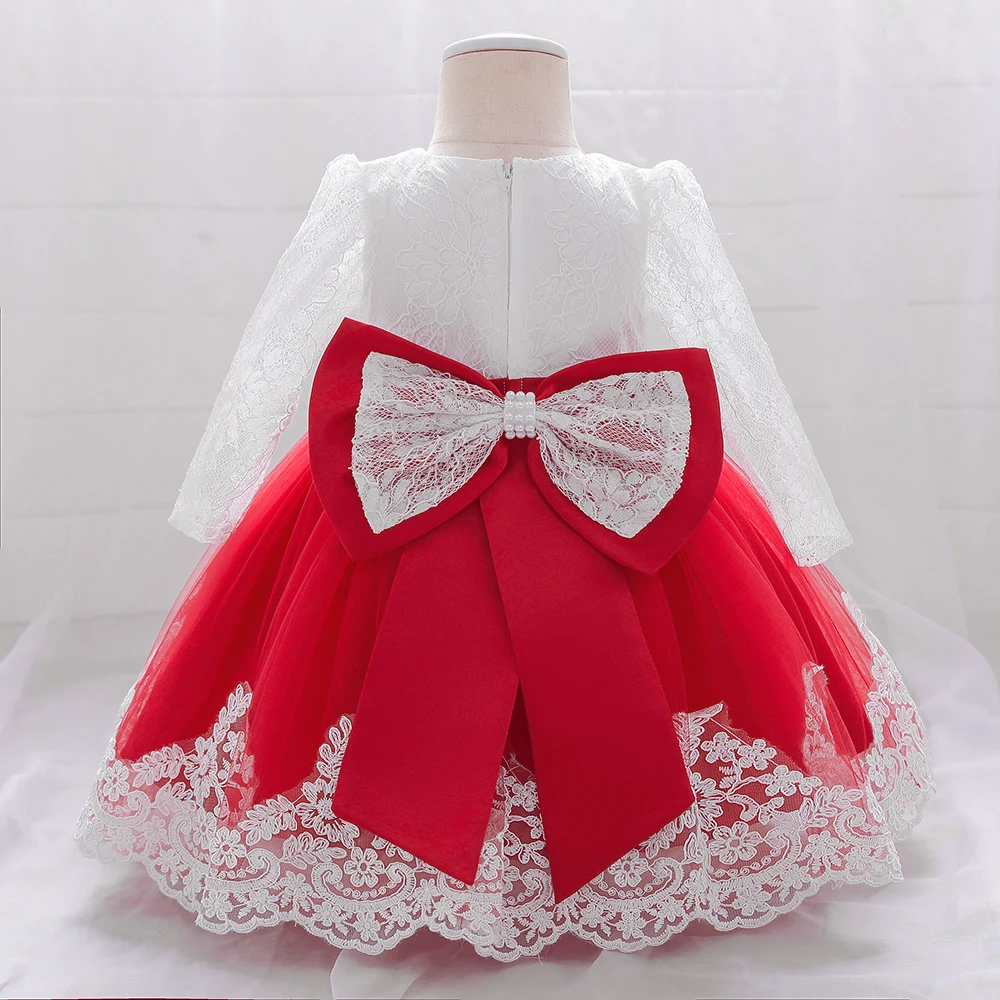 Long Sleeve Baby Girls Dress Newborn White Baptism Tulle Party Wedding 1st Birthday Princess Dresses Infant Girls Bow Prom Gown – Image 11