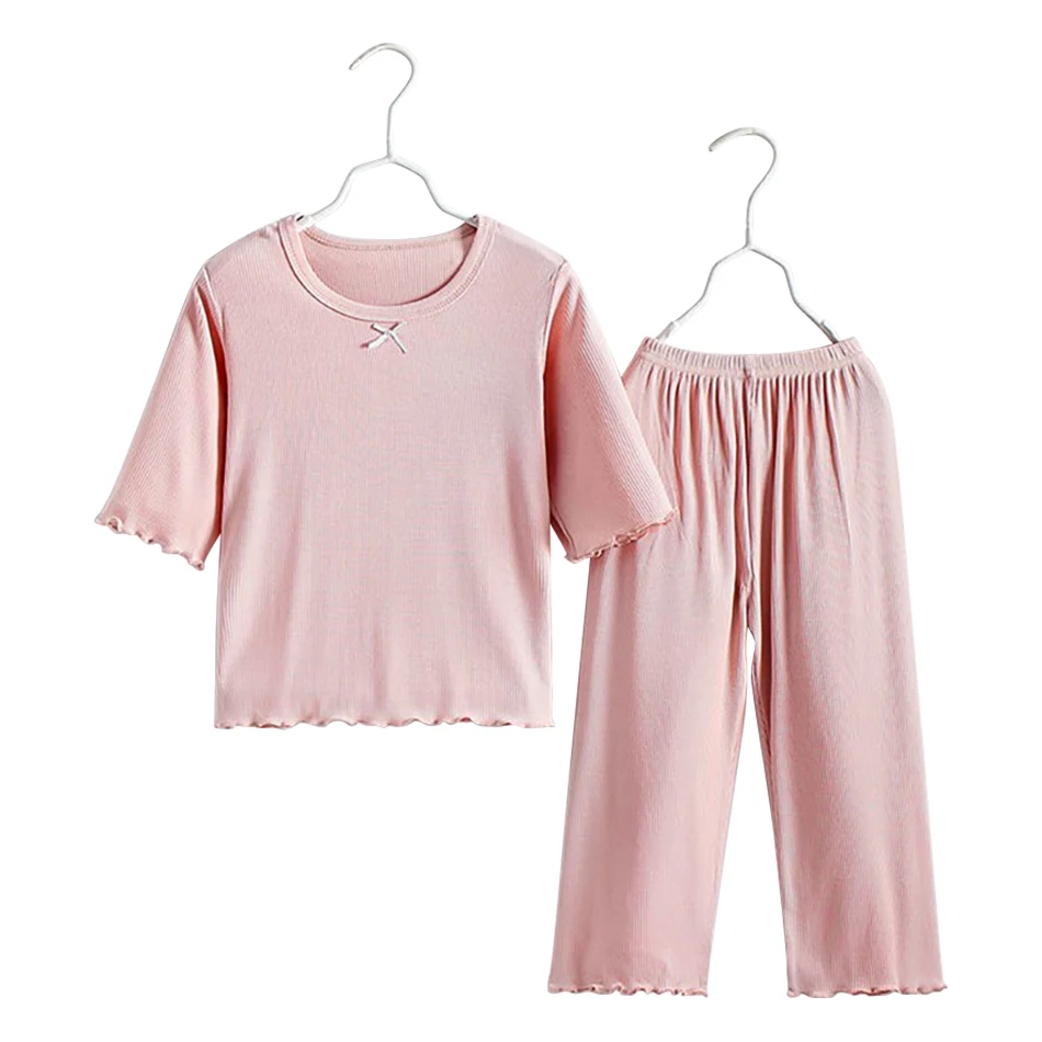 Adorable Children Summer Homewear Sleepwear Sets Breathable Cotton Blend Girls Hot Days Short Sleeve Loungewear with Long Pants – Image 7