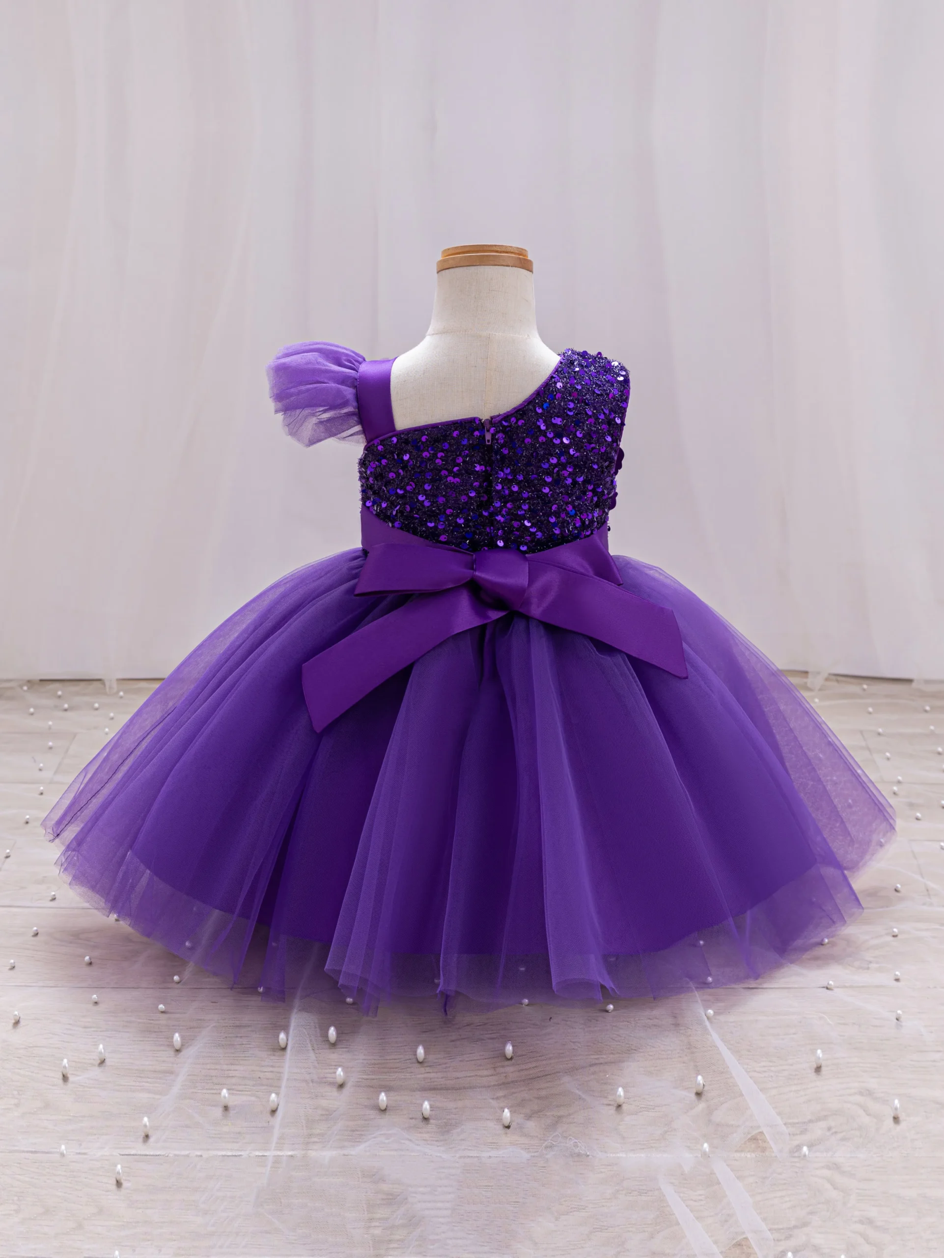 Elegant Girl Princess Dress Small flying sleeves asymsymmetrical straps Formal occasion Girl dress Sequin Wedding dress Party gi – Image 18