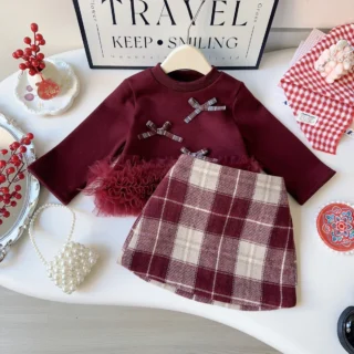 Korean Winter Children Girls 2PCS Clothes Set Cotton Bow Gauze Hem Kids Girls Fleece Sweatshirt Plus Velvet Plaid Skirts Outfits