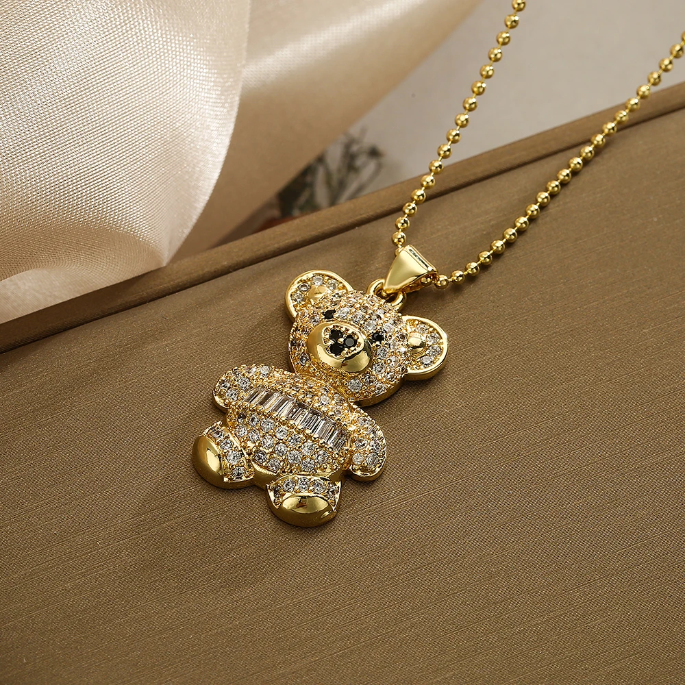 NEWBUY Hot Sale 2 Style Lovely Bear Pendant Necklaces For Women Shiny CZ Zircon Inlay Gold Color Copper Jewelry – Image 2