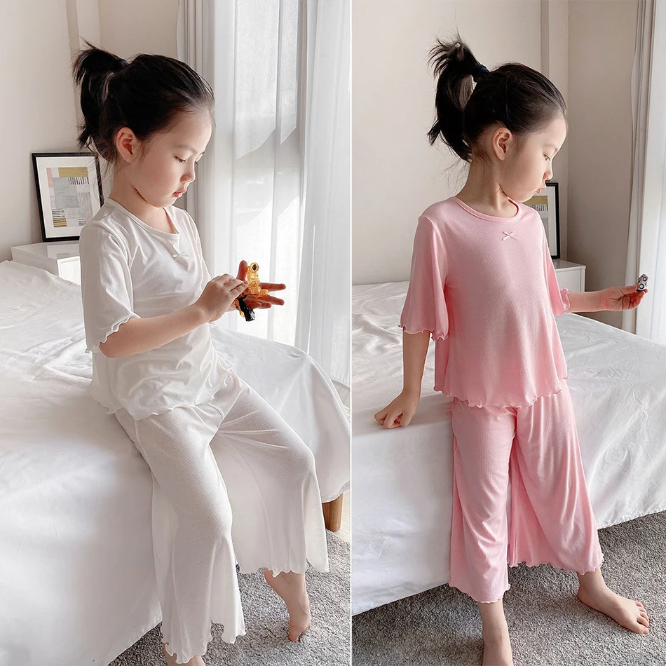Adorable Children Summer Homewear Sleepwear Sets Breathable Cotton Blend Girls Hot Days Short Sleeve Loungewear with Long Pants – Image 13