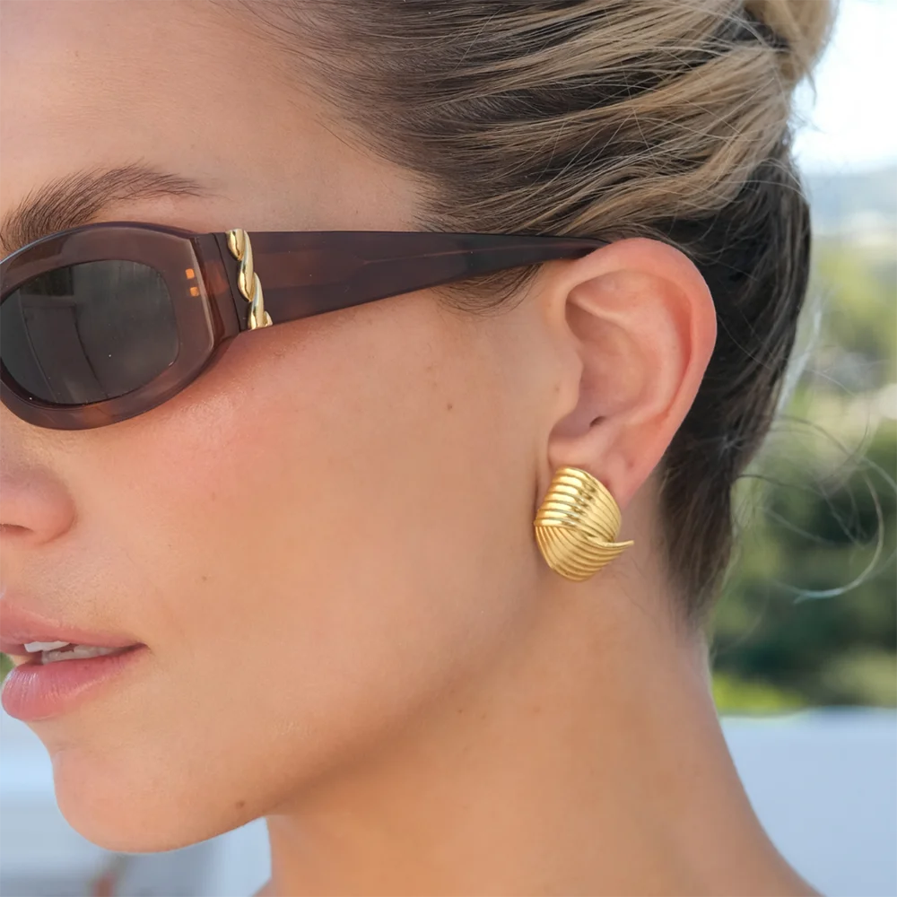 Retro Textured Intersecting Earrings for Women Multilayer Gold Color Stainless Steel Statement Stud Earring Waterproof Jewelry – Image 2