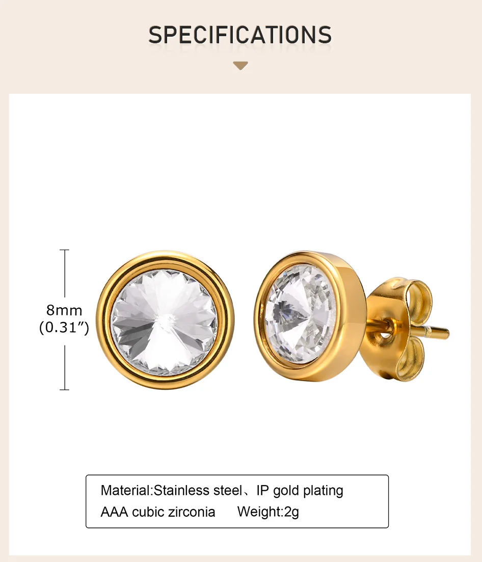 Sparking Round Cubic Zirconia Earring, Danity Women Stud Earrings Gold Plated Stainless Steel Jewelry – Image 9