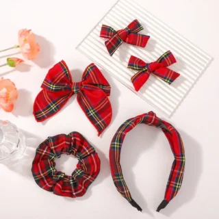 5pcs Baby Girls Christmas Stripe Bow Hair Accessories Set Vintage Wide Edge Hairband & Clips Winter Festive Hair Accessories
