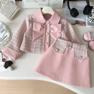 2026 Spring Kids Girls 2PCS Clothes Turn Down Collar Bow Pink Baby Girls Coat Suits Loose A-line Skirts Outfit Children Girl Set