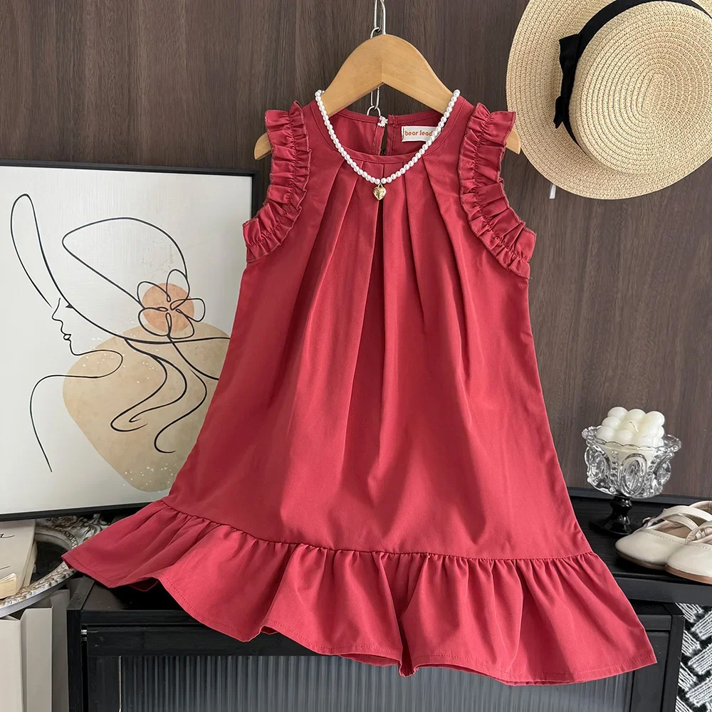 Bera Leader Korean Version Sleeveless Pleated Dress Solid Color Round Neck Children's Clothes Summer Kids Dresses for Girls Wear – Image 5