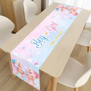 1pc Gender Reveal Table Runner Blue & Pink Bear Polyester Table Cover for Youngster Shower Gender Announcement Party Decor