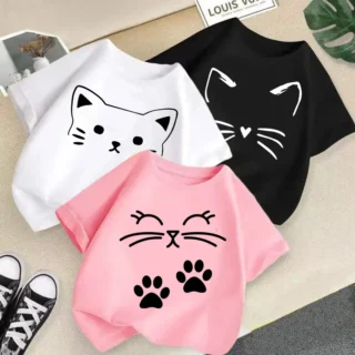 2025 Summer New Cute Cat Animal Print Candy Color Round Neck Short Sleeved Baby Girl Summer Clothes Trendy Children's T-shirt