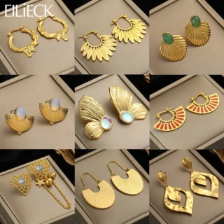 EILIECK 316L Stainless Steel Gold Color Fan Geometric Bohemian Drop Hoop Earrings For Women Charm Ear Pendant Jewelry Party Gift