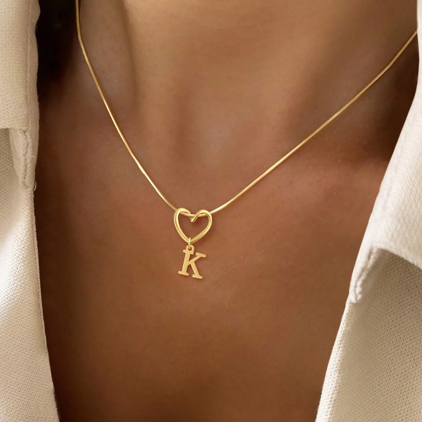 Gold Plated Letter Necklaces for Women Hollow Heart Initial Pendant Stainless Steel Herringbone Chain Necklace For Women Jewelry