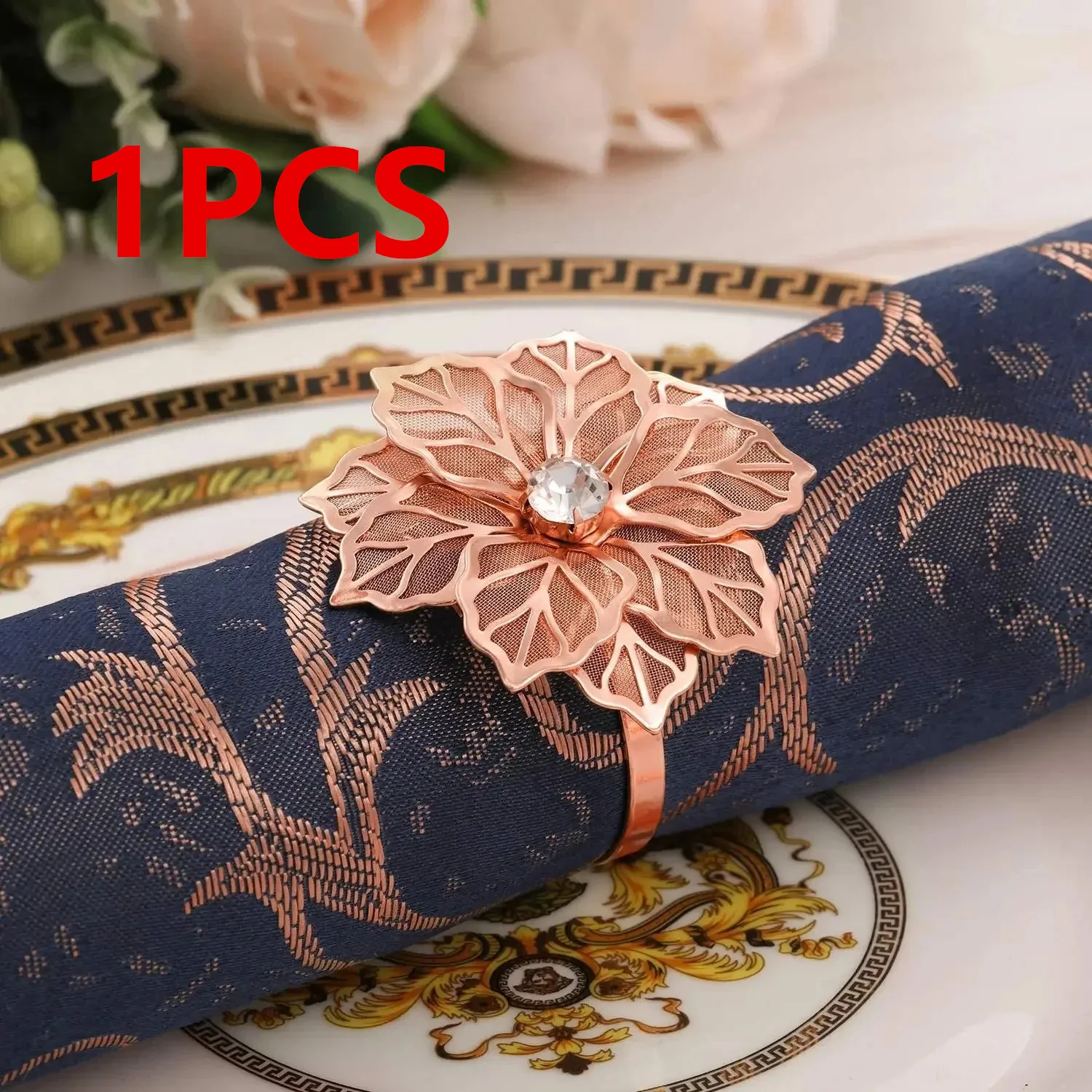 1/6Rose Flower Napkin Holder Floral Rhinestone Napkins Rings for Wedding Christmas Party Dinner Table Decor – Image 7