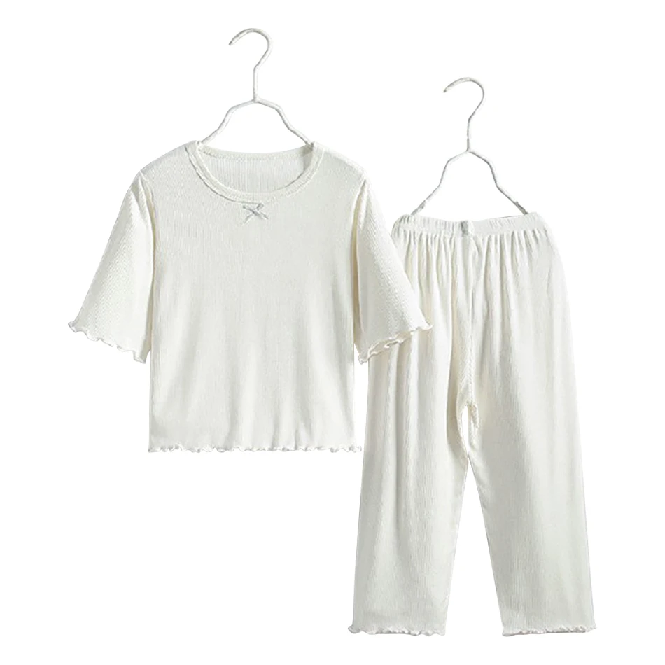 Adorable Children Summer Homewear Sleepwear Sets Breathable Cotton Blend Girls Hot Days Short Sleeve Loungewear with Long Pants – Image 9