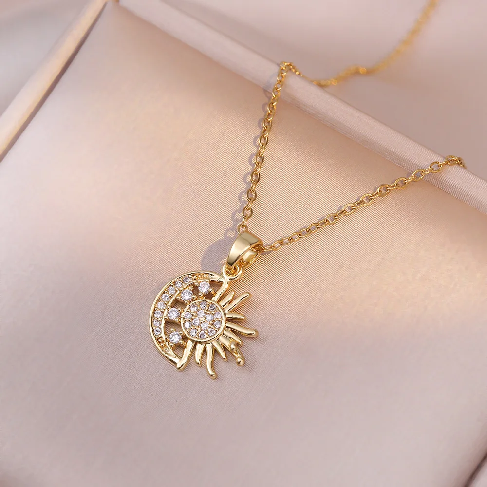 Stainless Steel Micro Paved Sun Moon Pendant Necklace Fashion Light Luxury Cubic Zircon Collar Chain for Women Wedding Jewelry