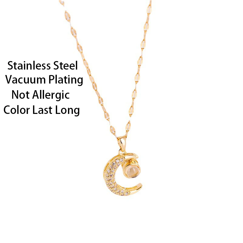 Korean Fashion Cute Crystal Moon Pendant Necklace For Women Romantic Female Stainless Steel Clavicle Chain Jewelry – Image 2