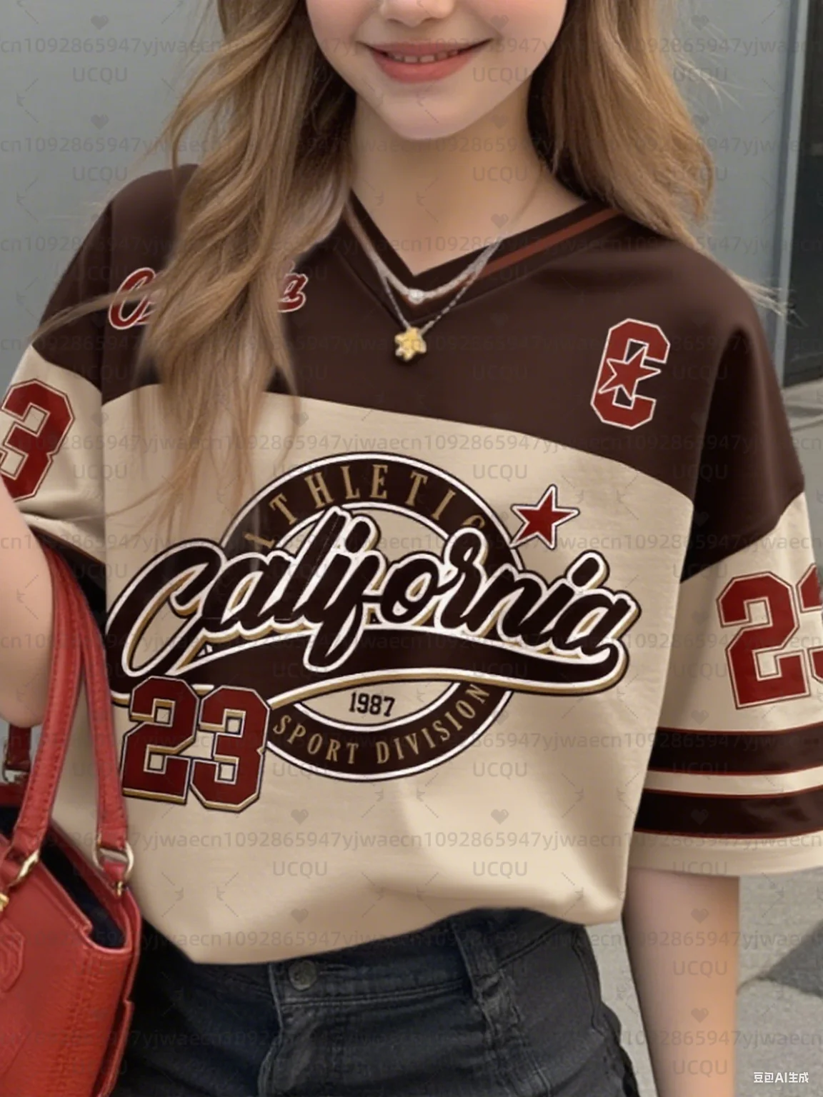 Girls Casual Sports Style California Print Short Sleeve V-Neck Women's Children Men's T-shirt Tops – Image 4